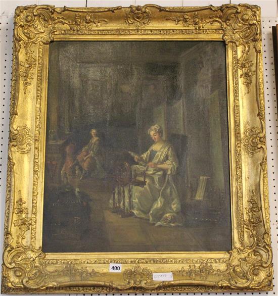 20C Continental School, oil on canvas, 18th century interior with seated ladies, dog and parrot